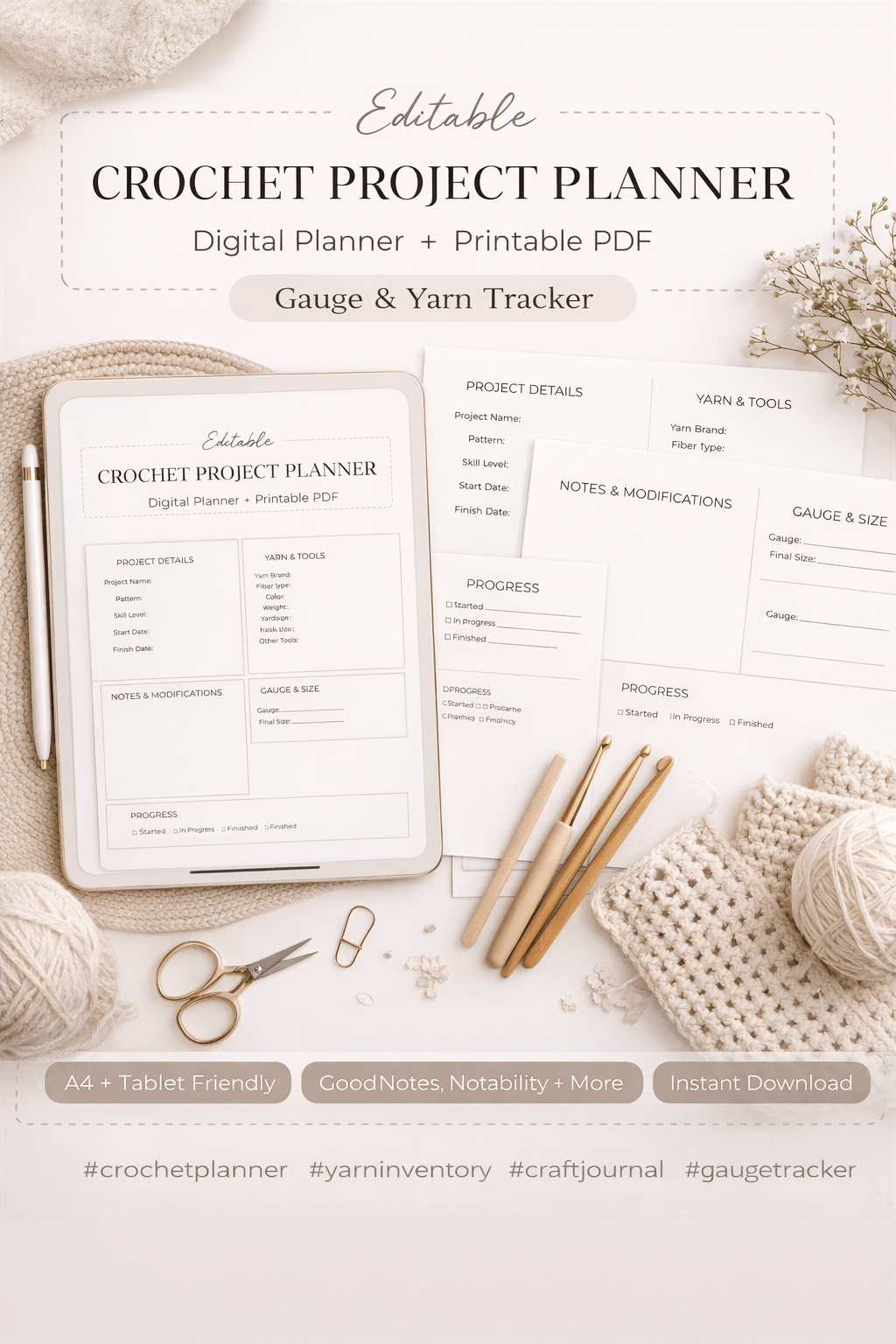 Crochet Project Planner (Editable) • Project Log + Yarn Inventory • Printable A4 & Tablet PDF - KnotlyStudioCo