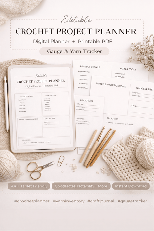 Crochet Project Planner (Editable) • Project Log + Yarn Inventory • Printable A4 & Tablet PDF - KnotlyStudioCo