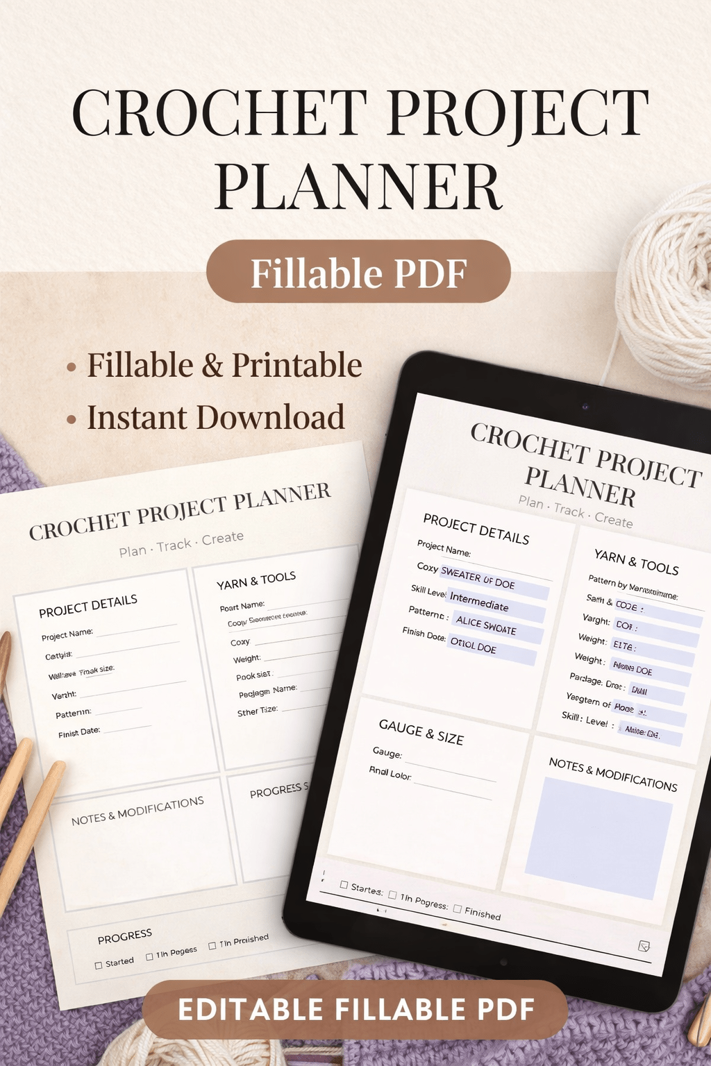 Crochet Project Planner (Editable) • Project Log + Yarn Inventory • Printable A4 & Tablet PDF - KnotlyStudioCo